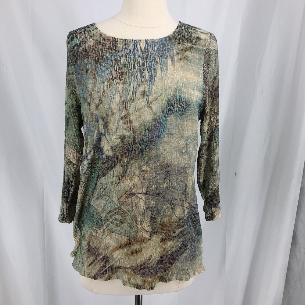 Coldwater Creek Womens Medium Top Peacock Print 3/4 Sleeve Stretch